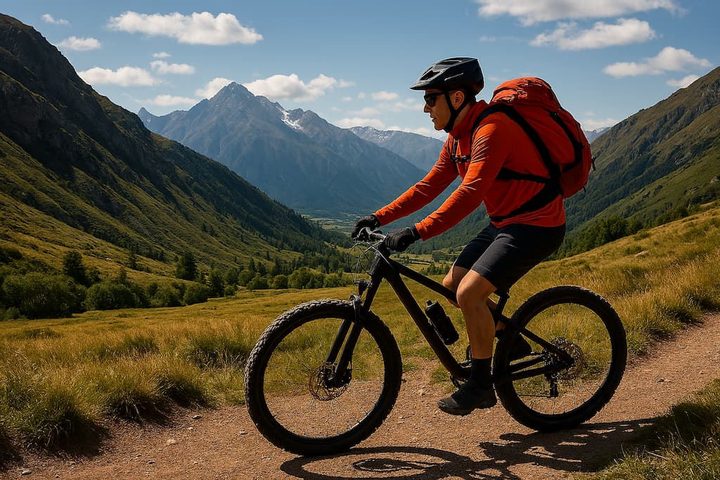 دوچرخه‌سوار در حال رکاب‌زنی در مسیر کوهستانی با چشم‌انداز قله‌های برفی کوهنوردی با دوچرخه