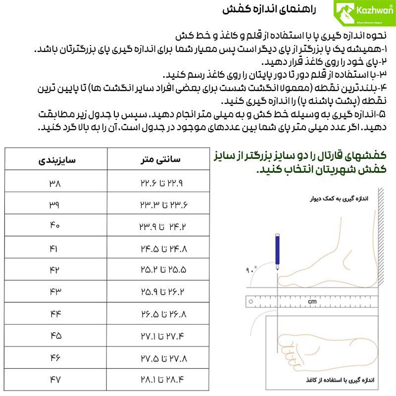 جدول راهنمای سایز کفش کوهنوردی بنرو شامل سایزهای استاندارد، طول کف پا به سانتی‌متر و پیشنهاد سایز مناسب برای فعالیت‌های کوهستانی