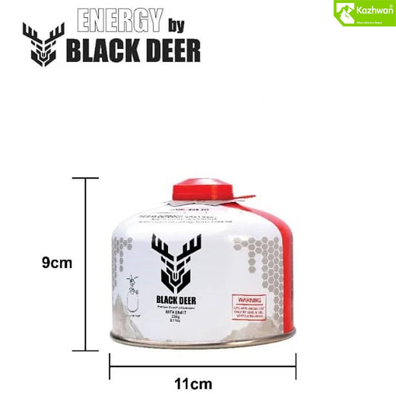 کپسول گاز بلک دیر ۲۳۰ گرمی با ابعاد ۹×۱۱ سانتی‌متر و طراحی سفید-قرمز، مناسب برای اجاق‌های کمپینگ