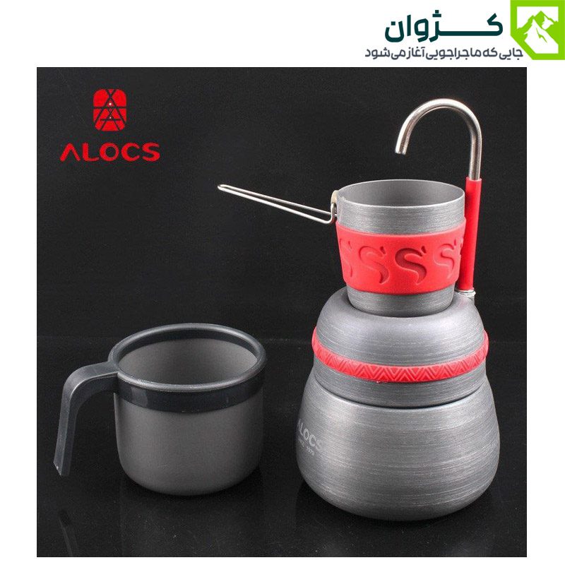 ست کامل آلوکس CW-EM01 شامل موکاپات، فنجان و لیوان با زمینه مشکی و لوگوی برند