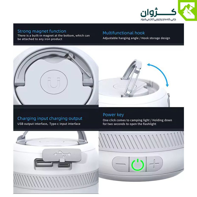 جزئیات فنی چراغ LV10 شامل کلید روشن/خاموش، محل آویز، پورت شارژ