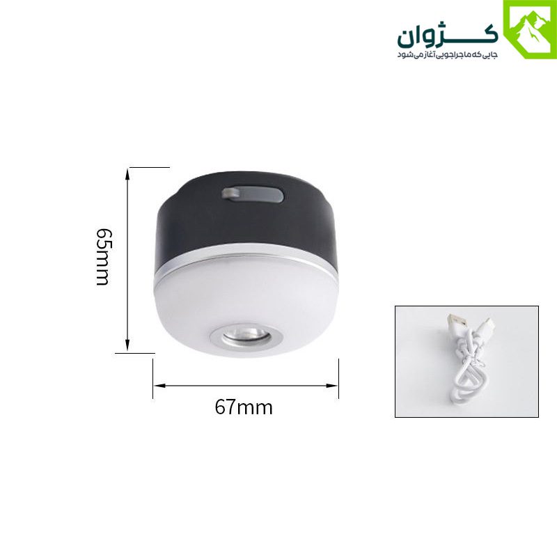چراغ مشکی M1 از نمای روبه‌رو با نمایش ابعاد و سیم شارژ
