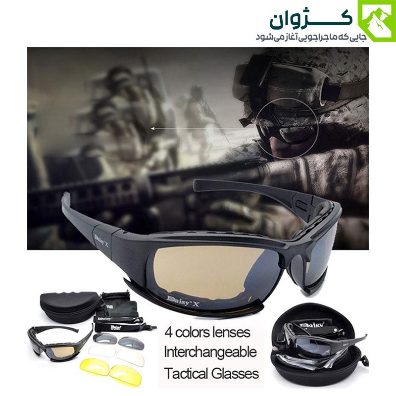 عینک Daisy X7 همراه با متعلقات کامل در کنار تصویر فرد تفنگدار با زمینه مشکی