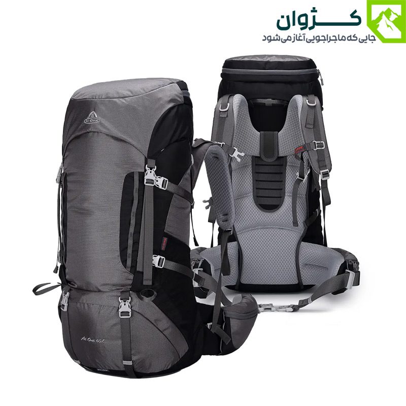 کوله‌ پشتی ایوان رنگ طوسی از دو زاویه مورب جلو و پشت