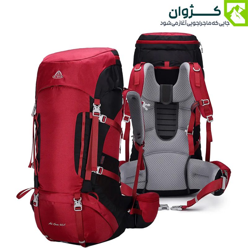 کوله‌پشتی ایوان رنگ قرمز از دو زاویه مورب جلو و پشت در یک تصویر