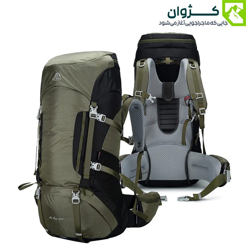 کوله‌ پشتی ایوان رنگ سبز زیتونی از زاویه مورب جلو و پشت در یک قاب