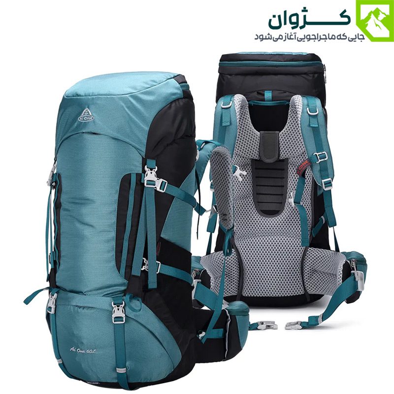 کوله‌ پشتی ایوان رنگ آبی از نمای جلو و پشت در یک تصویر ترکیبی