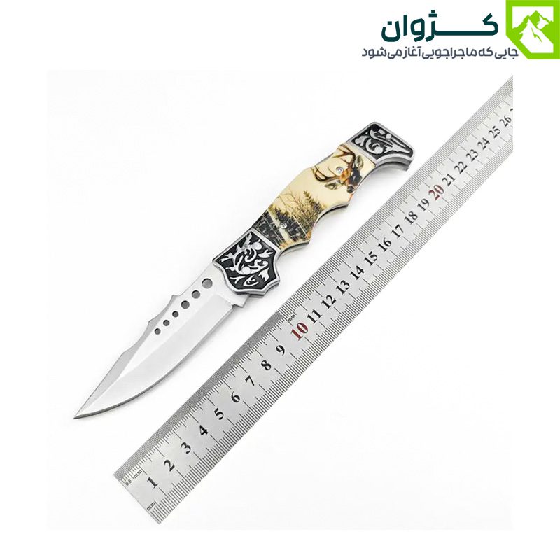 چاقوی FB0069 باز شده با خط‌کش کناری، نمایش دقیق طول تیغه و دسته روی زمینه سفید