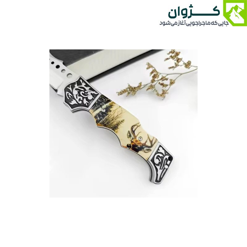 نمای نزدیک از دسته چاقوی FB0069 با شاخه خشک‌شده تزئینی در کنار آن