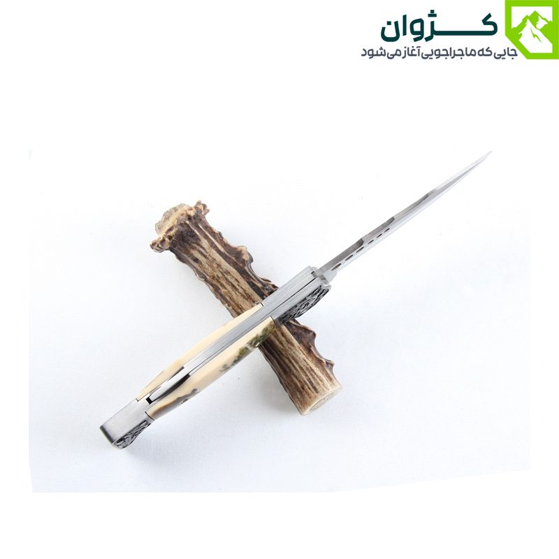 چاقوی جیبی FB0069 باز شده و قرار گرفته روی تکه‌ای از چوب یا شاخ گوزن، نمای بالا با نور طبیعی