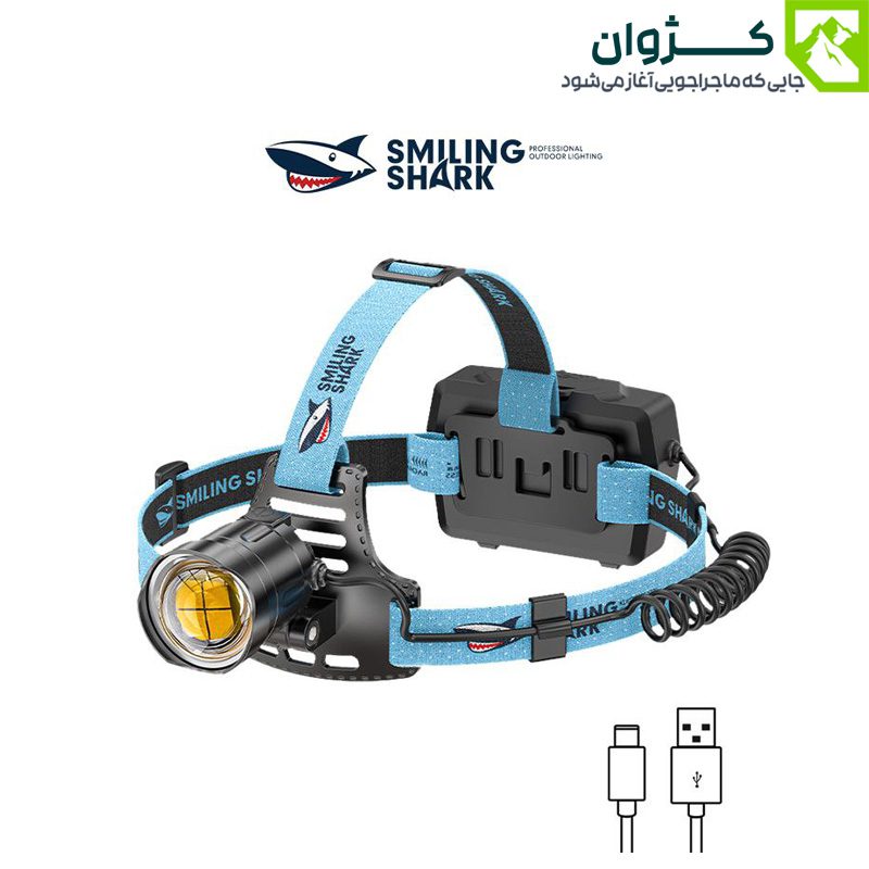 چراغ قوه SMILING SHARK مدل K808-P90 با طراحی صنعتی و بدنه آلومینیومی، قرار گرفته روی زمینه سفید