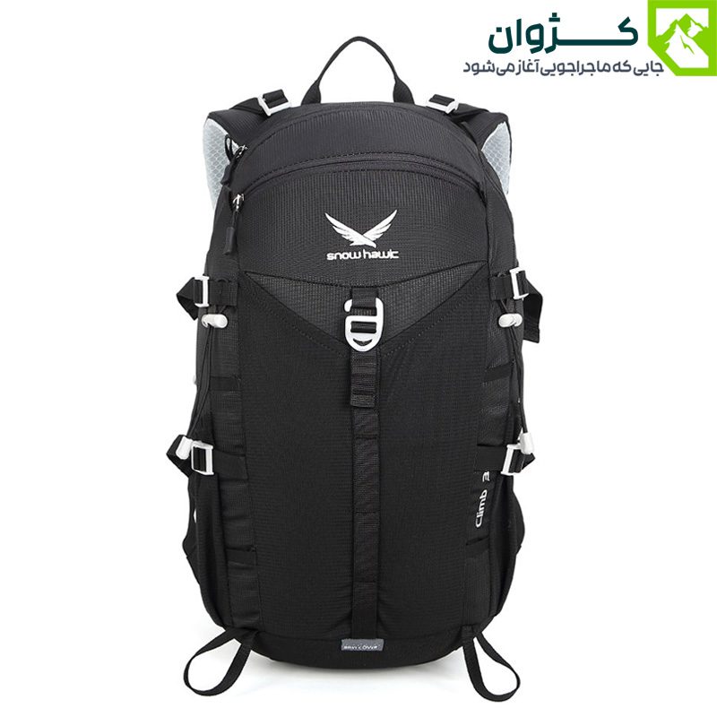 کوله‌پشتی مشکی اسنوهاک مدل CLIMB از نمای رو‌به‌رو، با بندهای شانه‌ای پددار و سگک YKK