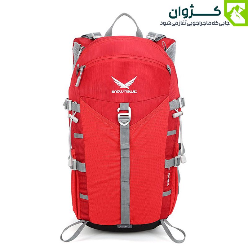 کوله‌پشتی قرمز اسنوهاک مدل CLIMB از نمای رو‌به‌رو، با بندهای پددار و سگک‌های مقاوم