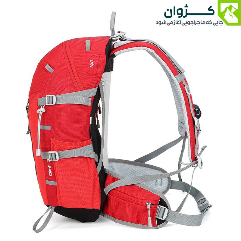 کوله‌پشتی قرمز اسنوهاک مدل CLIMB از نمای پشت، با پد مشبک و بندهای قابل تنظیم
