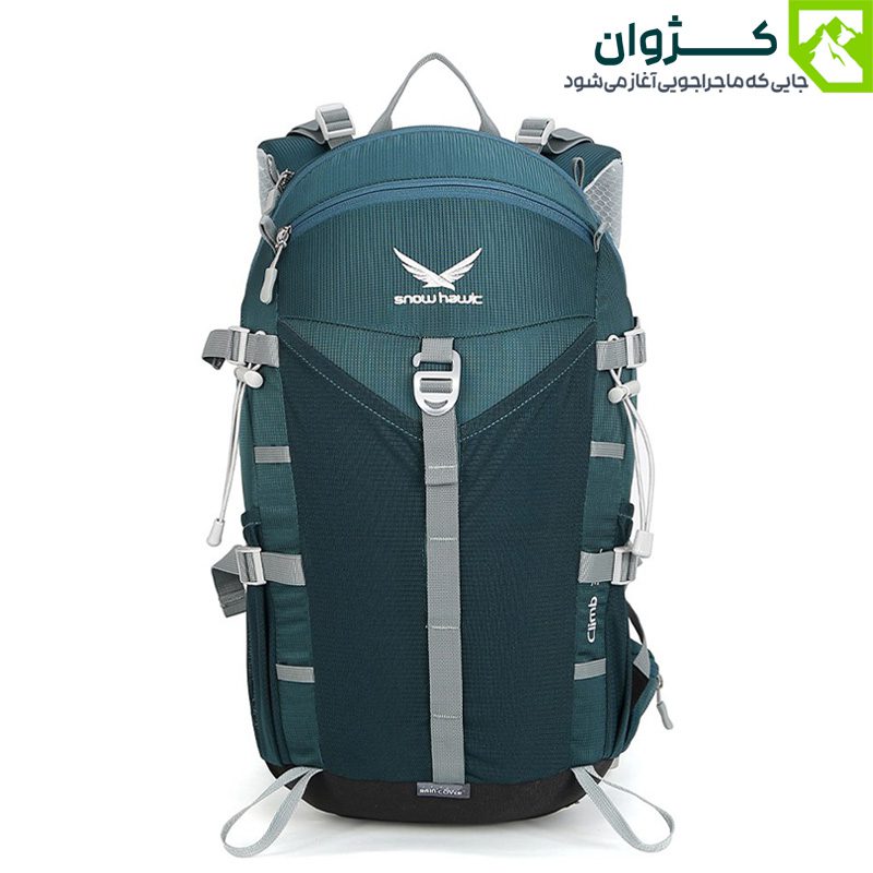 کوله‌پشتی سبز کله‌غازی اسنوهاک مدل CLIMB از نمای رو‌به‌رو و زاویه مورب، با بندهای پددار و فرم ارگونومیک