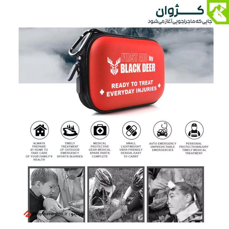 کیت کمک‌های اولیه بلک دیر به صورت مورب همراه با توضیحات و تصاویر امداد در پس‌زمینه
