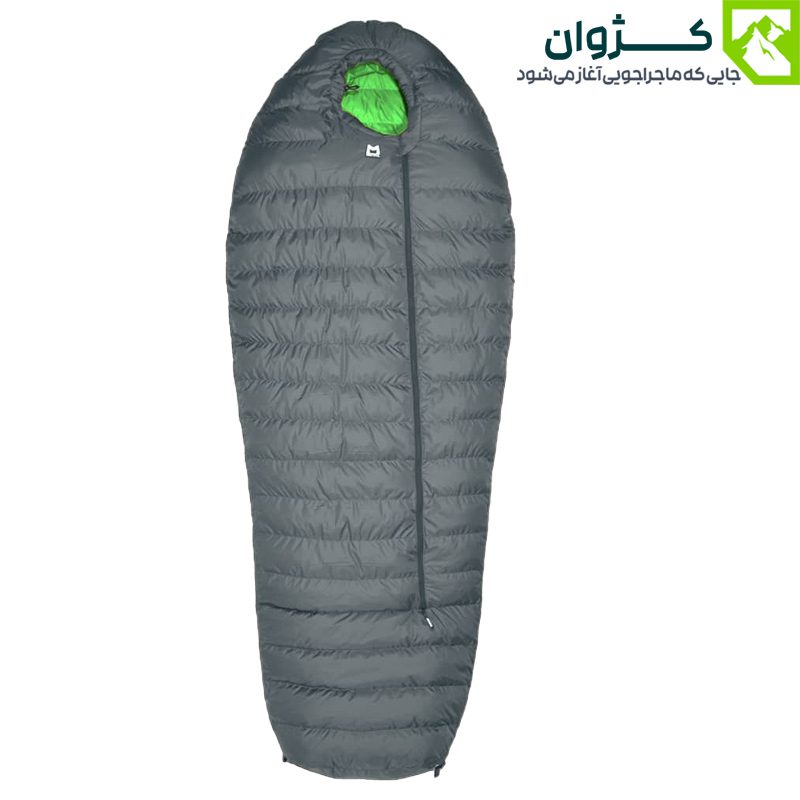 کیسه خواب موتال مدل SAFARI رنگ سبز با بیرونی طوسی، زیپ بسته از نمای بالا با زمینه سفید