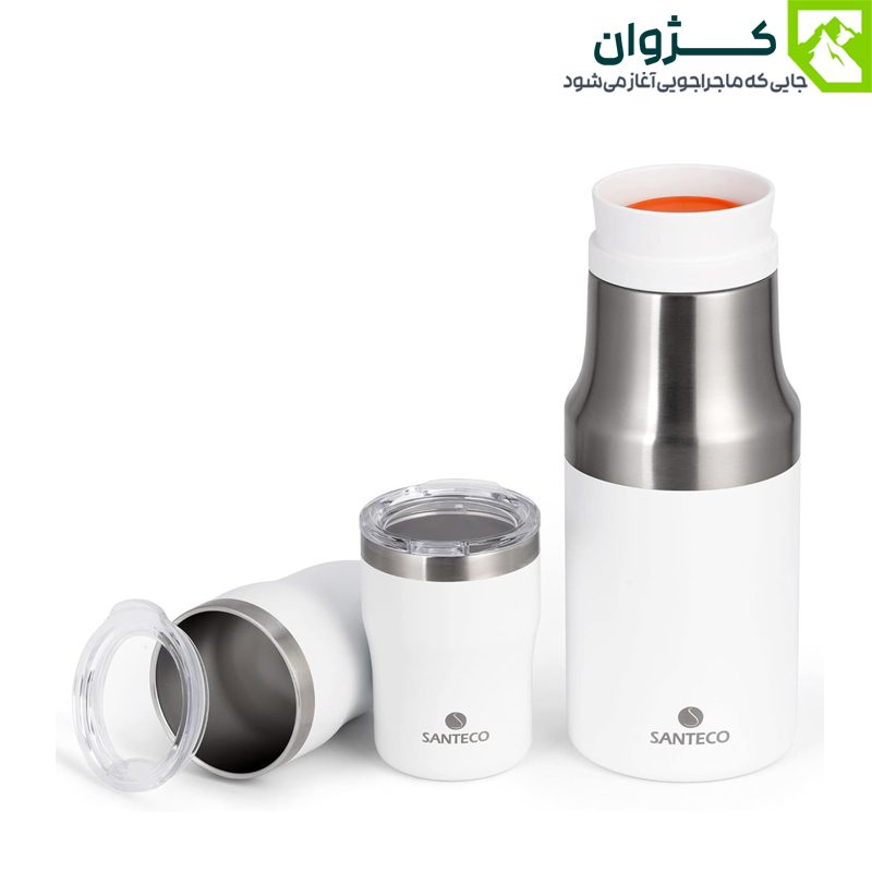 ست فلاسک و لیوان سفید SANTECO روی زمینه سفید