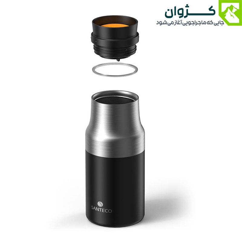 فلاسک مشکی SANTECO با درب باز و نمایش اجزای داخلی