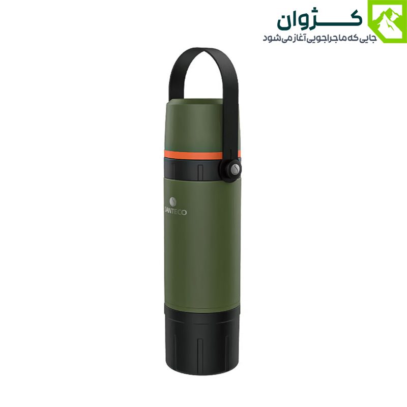فلاسک سبز سانتکو با دستگیره سیلیکونی باز شده، ایستاده در زمینه سفید