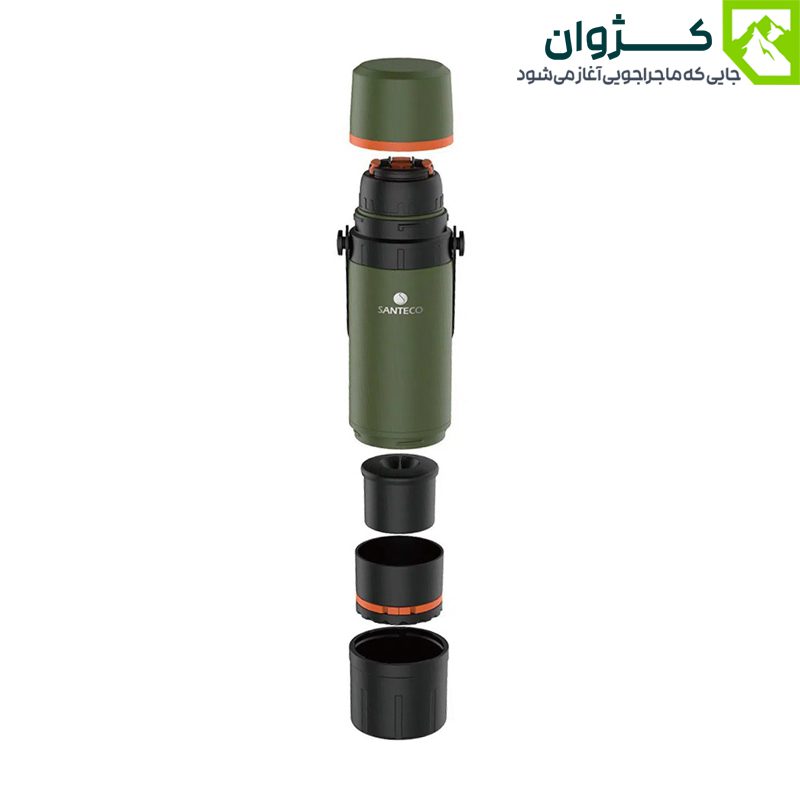 فلاسک سبز سانتکو مدل KAFE با اجزای جداشده شامل لیوان، درب، فیلتر و ظرف حمل قهوه در زمینه سفید
