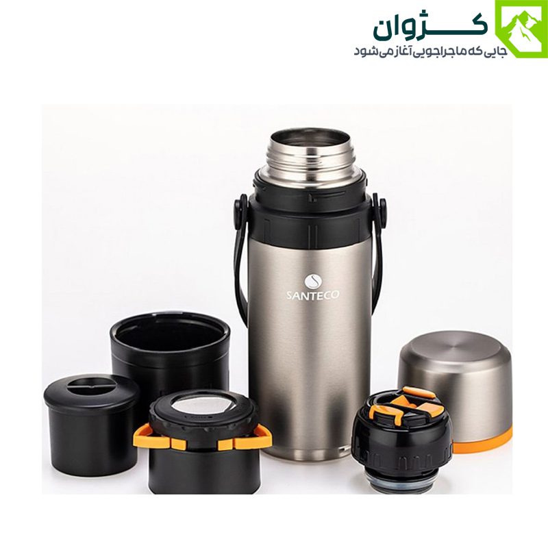 اجزای مختلف فلاسک نقره‌ای روی زمین با زمینه سفید