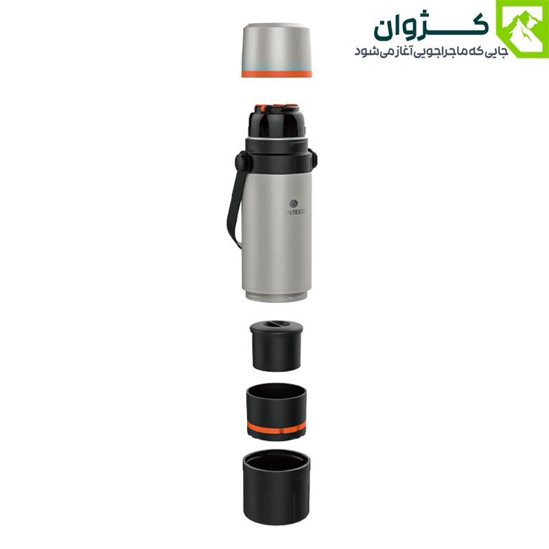 اجزای جداشده فلاسک نقره‌ای از درب تا کف روی زمینه سفید