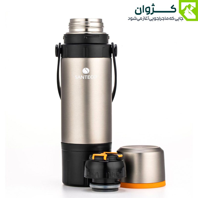 فلاسک نقره‌ای سانتکو مدل KAFE ایستاده، همراه با لیوان و درب در زمینه سفید