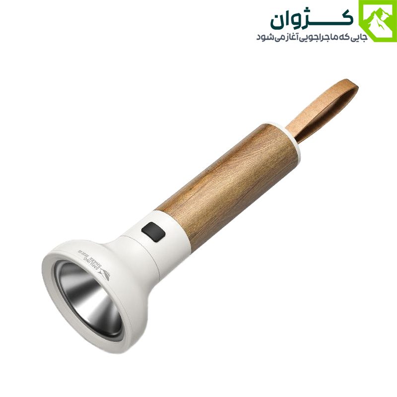 چراغ قوه SMILING SHARK سفید با طراحی چوبی روی زمینه سفید