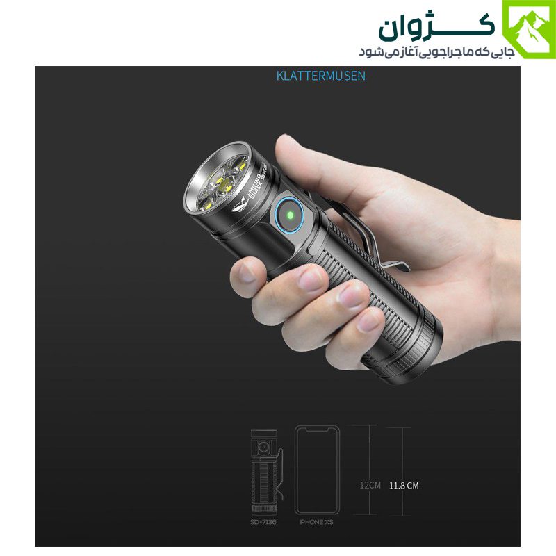 چراغ قوه SMILING SHARK در دست کاربر، نمایش اندازه و ارگونومی