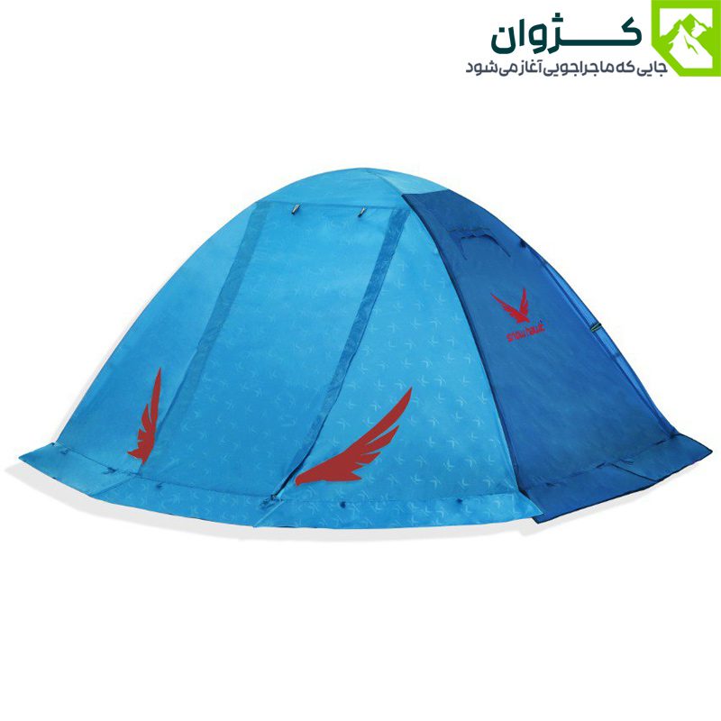 نمای بیرونی نیم‌رخ چادر Discovery Plus رنگ آبی روشن با درب باز