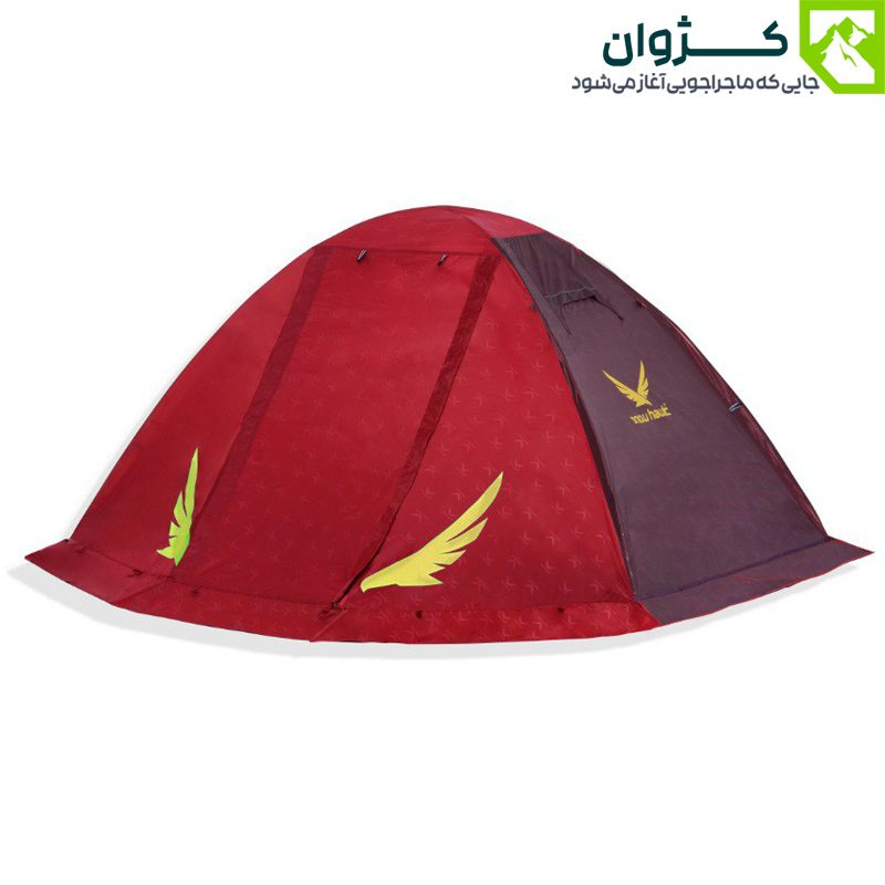 نمای بیرونی نیم‌رخ چادر Discovery Plus رنگ قرمز با درب بسته