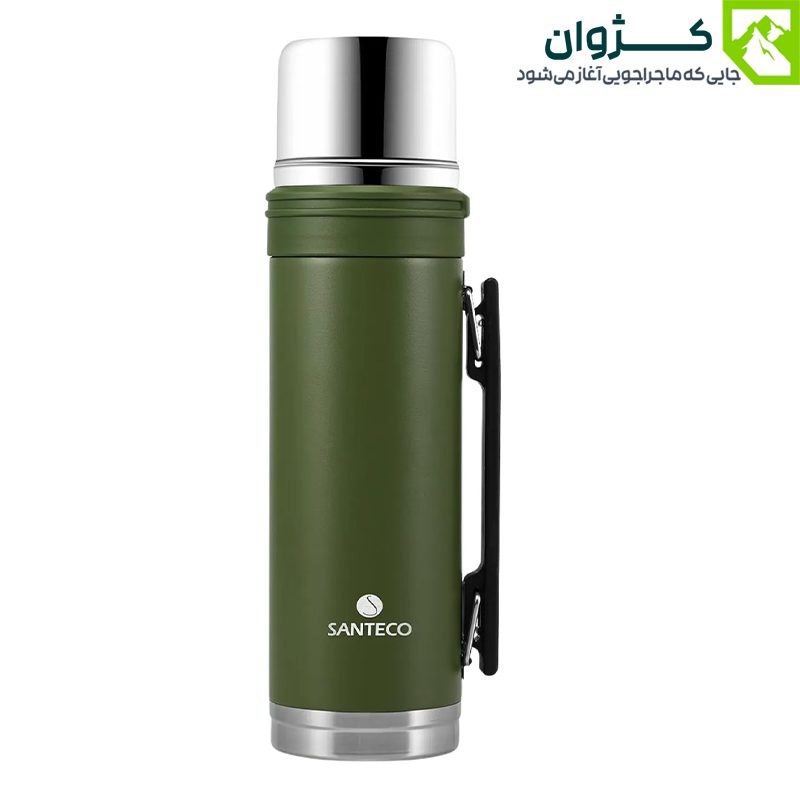 نمای داخلی فلاسک سانتکو سبز با قطعات سیلیکونی فاقد BPA و لیوان درب‌دار جدا شده
