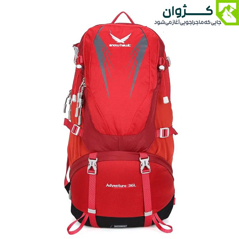 کوله‌پشتی کمپینگ اسنوهاک مدل ADVENTURE رنگ مشکی با مش تنفسی در قسمت پشتی، طراحی شده برای کاهش تعریق در مسیرهای طولانی