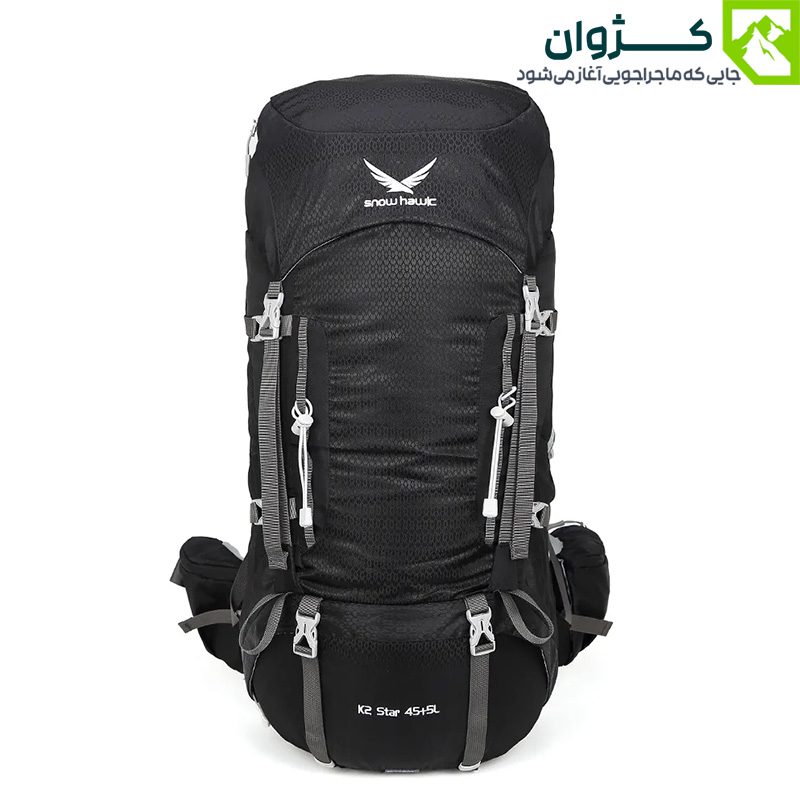کوله‌پشتی اسنوهاک مدل K2 STAR مشکی – نمای جلو، با جنس بدنه نایلون 420D و پلی‌استر ضد آب