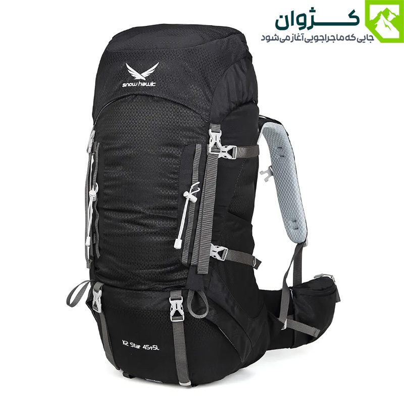 کوله‌پشتی اسنوهاک مدل K2 STAR مشکی – نمای روبه‌رو، با جنس بدنه نایلون 420D و پلی‌استر ضد آب