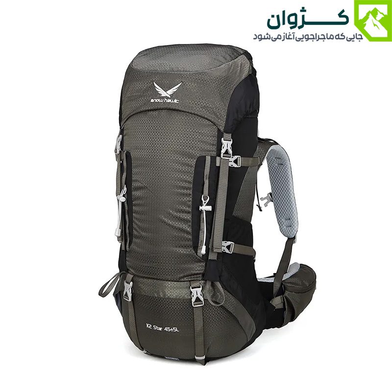 کوله‌پشتی اسنوهاک مدل K2 STAR سبز-آبی – نمای روبه‌رو، با ظرفیت بالا و طراحی مقاوم