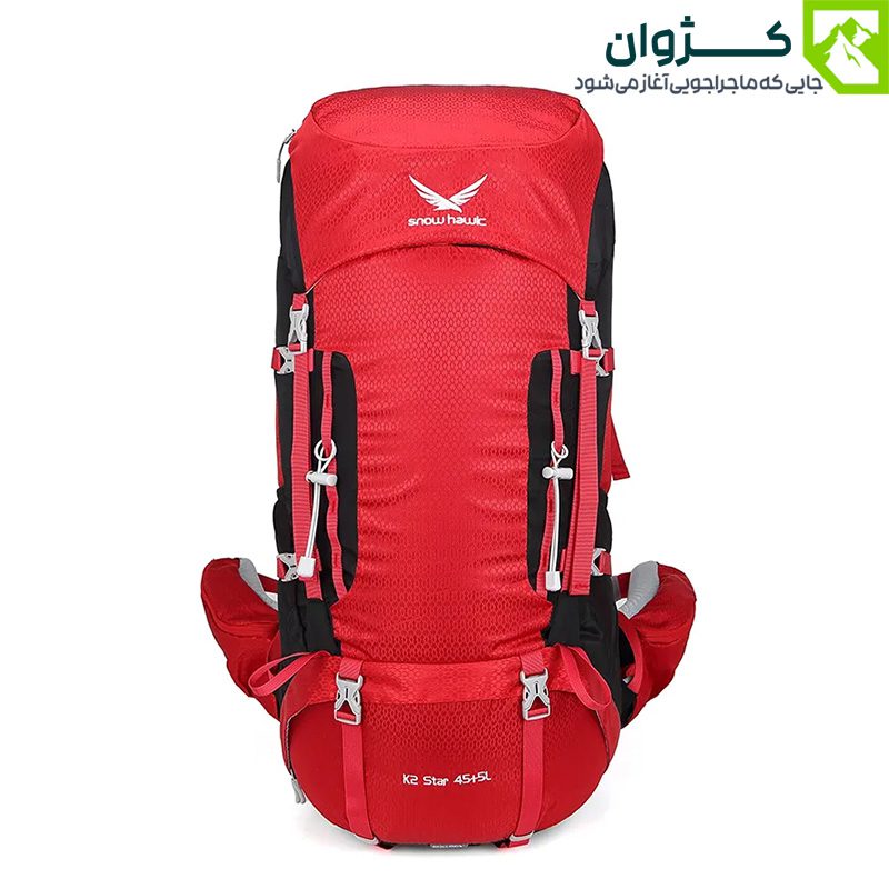 کوله‌پشتی اسنوهاک مدل K2 STAR قرمز – نمای روبه‌رو، مناسب کوهنوردی چندروزه با ظرفیت ۵+۴۵ لیتر