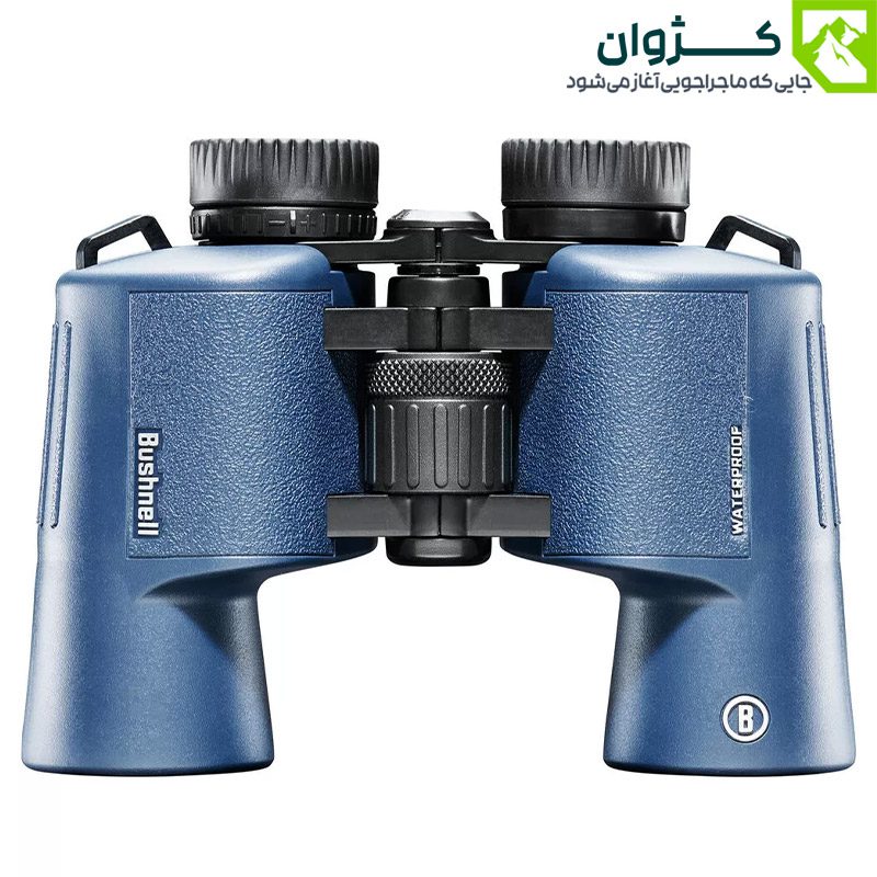 دوربین دوچشمی Bushnell H2O مدل 10×42 با نمای مستقیم از جلو و زمینه سفید، نمایش کامل عدسی‌ها و چشمی‌ها