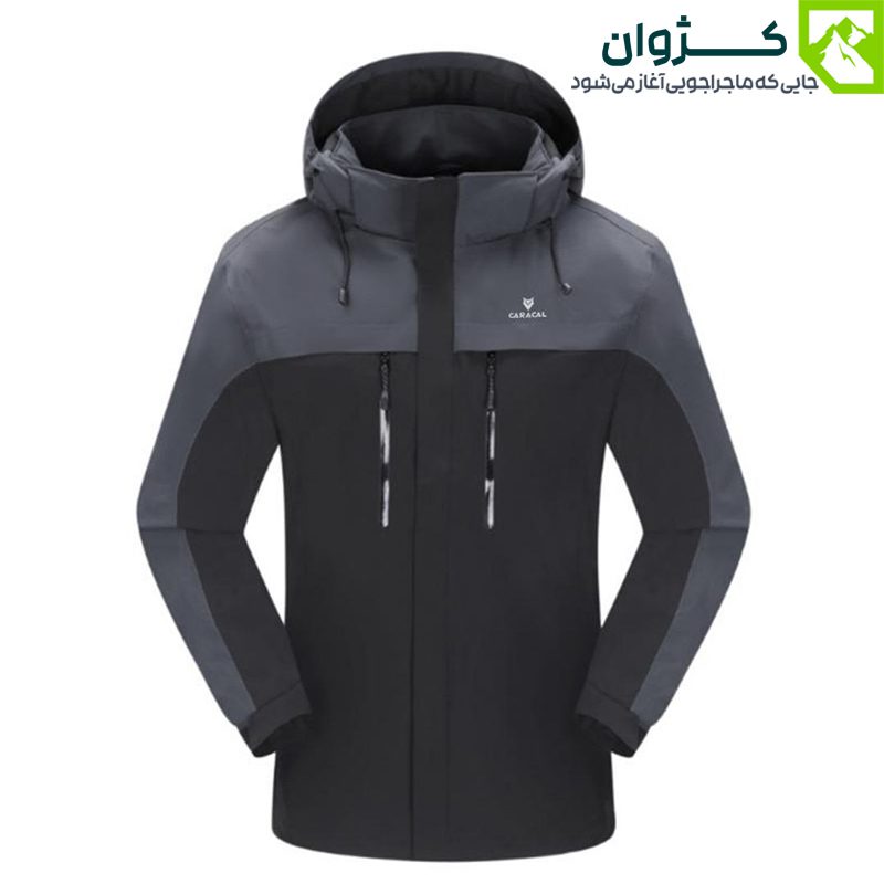 کاپشن کاراکال رنگ طوسی و مشکی از نمای روبه‌رو و زاویه بسته