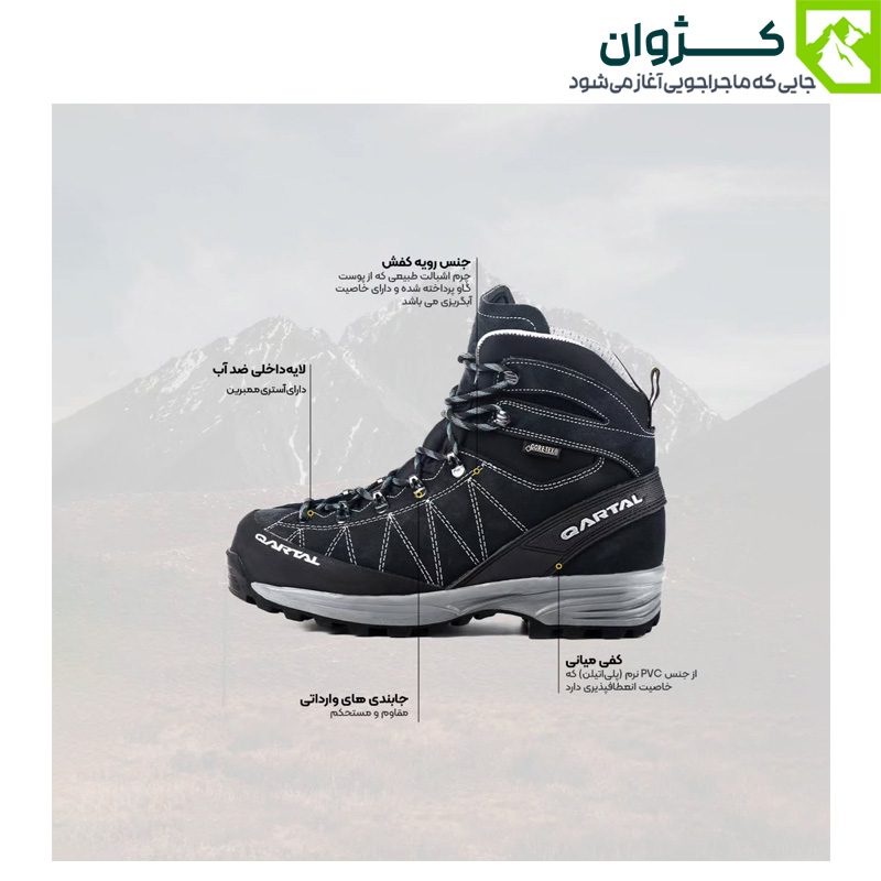 کفش مشکی سهند قارتال از بغل با توضیحات روی تصویر