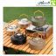 چند مدل کتری کمپینگ BLACK DEER روی میز چوبی و اجاق قابل‌حمل، مناسب برای سفرهای طبیعت‌گردی