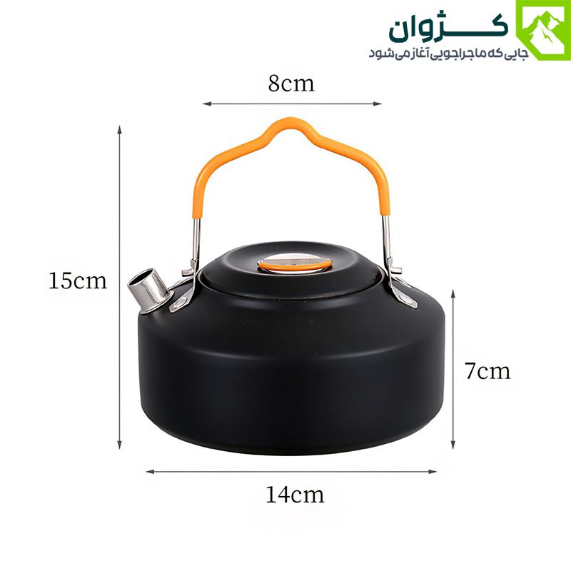 ابعاد دقیق کتری کمپینگ BLACK DEER مدل K02 رنگ مشکی با دسته نارنجی و طراحی فشرده
