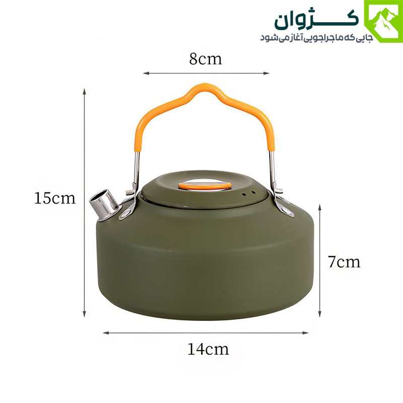 ابعاد دقیق کتری کمپینگ BLACK DEER مدل K02 رنگ سبز زیتونی با دسته نارنجی و طراحی فشرده