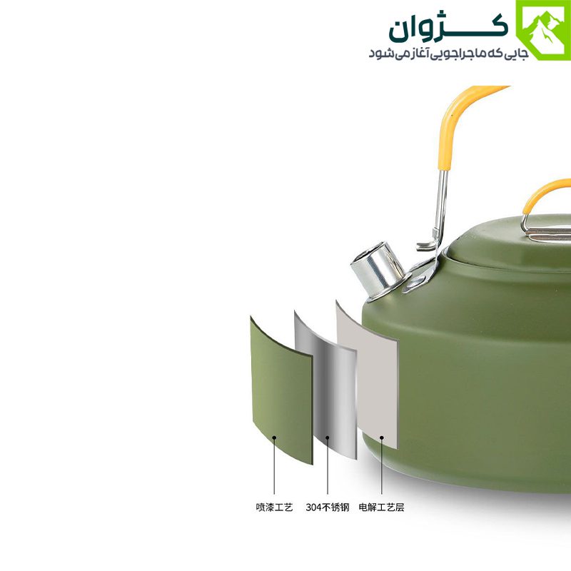 نمای برش‌خورده از کتری کمپینگ BLACK DEER مدل K02 با لایه‌های استیل 304، پوشش رنگی و لایه الکترولیتی