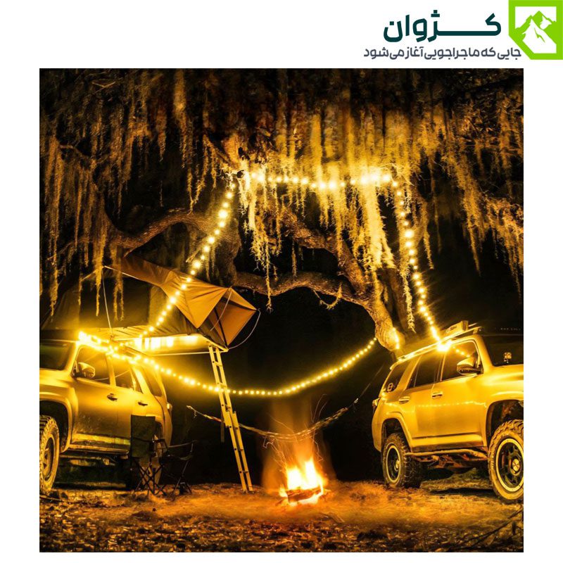 ریسه نور شارژی KXK-505 با طول ۱۵ متر و نورهای رنگی، مناسب برای ایجاد فضای گرم و روشن در چادر و کمپینگ شبانه