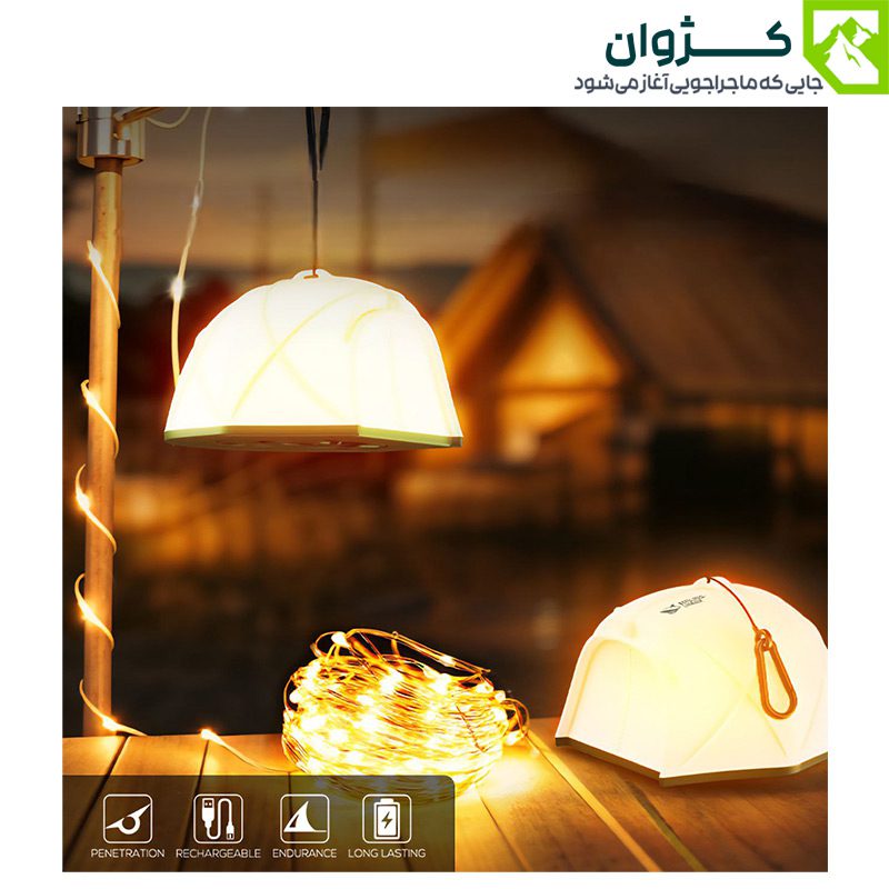چراغ ریسه‌ای چندرنگ KXK-505 با باتری قابل شارژ و قابلیت پاوربانک، طراحی شده برای روشنایی محیط‌های طبیعی و کمپ