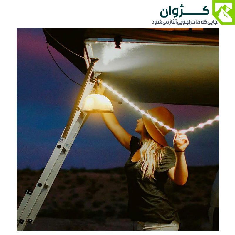چراغ چادر ریسه‌ای شارژی KXK-505 با طول ۱۵ متر، مناسب روشنایی کمپینگ و سفرهای طبیعت‌گردی