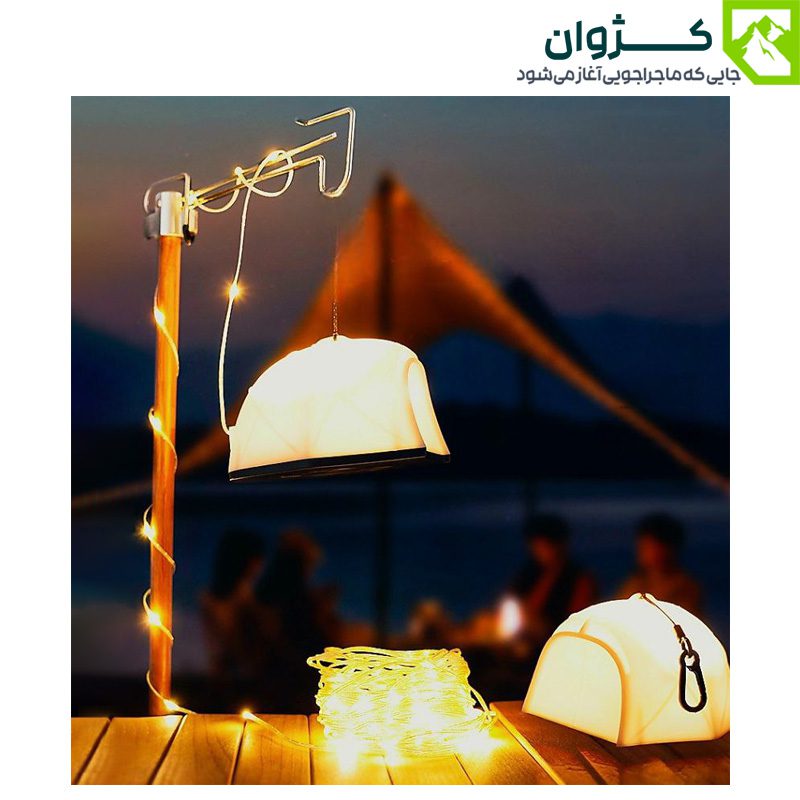 ریسه نور شارژی KXK-505 با طول ۱۵ متر و نورهای رنگی، مناسب برای ایجاد فضای گرم و روشن در چادر و کمپینگ شبانه