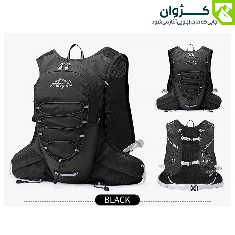 کوله رانینگ INOXTO مدل 577 در رنگ مشکی، نمایش از زوایای جلو، پشت و کنار، دارای بندهای قابل تنظیم، سیستم تهویه پشتی، محفظه کمل بک و بند نگه‌دارنده تجهیزات، مناسب برای دویدن، دوچرخه‌سواری و طبیعت‌گردی سبک